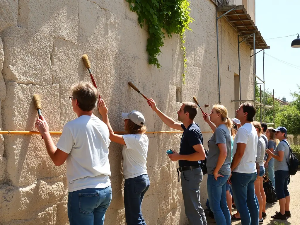 A photograph depicting volunteers working on the restoration of a section of the Château de Balzac, showcasing their dedication and teamwork.