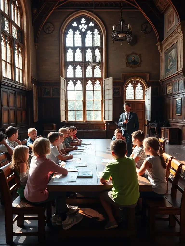 An image of children participating in an educational workshop at the Château de Balzac, learning about the history and architecture of the building through interactive activities.