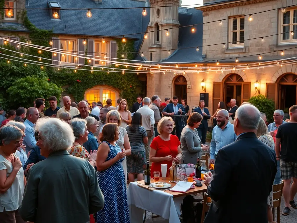 A vibrant image of a fundraising event at the Château de Balzac, with people enjoying music, food, and activities in support of the organization.