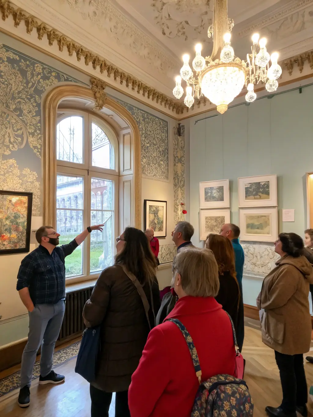 A photograph of a guided tour group exploring the Château de Balzac, led by a knowledgeable guide who is pointing out historical features and sharing stories.