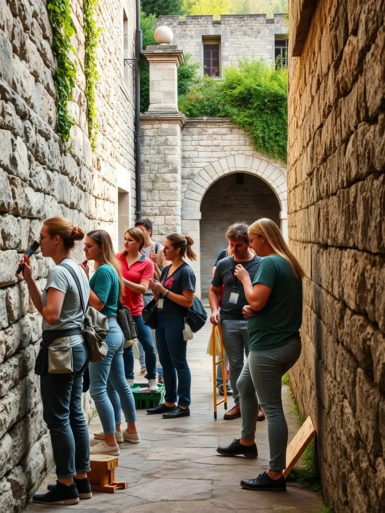 A photograph capturing volunteers meticulously cleaning and restoring a section of the Château de Balzac's ancient stone walls, showcasing the hands-on preservation work.