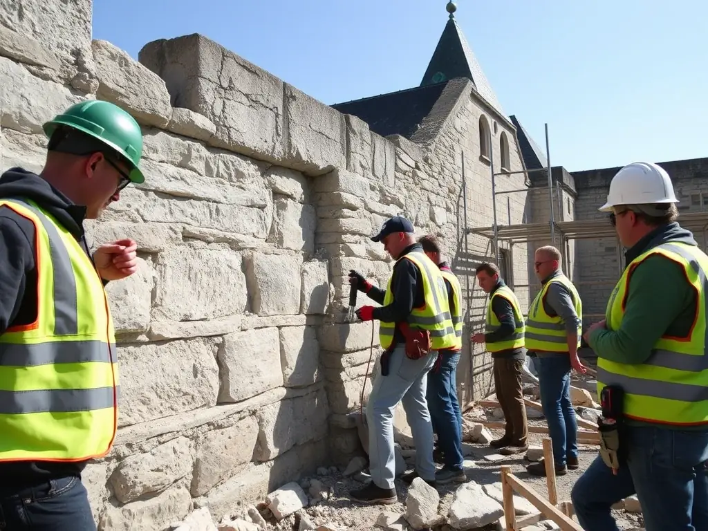 A group of volunteers working together to restore a section of the Château de Balzac's wall, showcasing community involvement in heritage preservation.