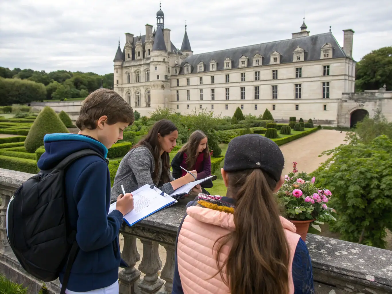 A photograph capturing a group of children participating in an educational workshop at the Château de Balzac, learning about its history and significance.