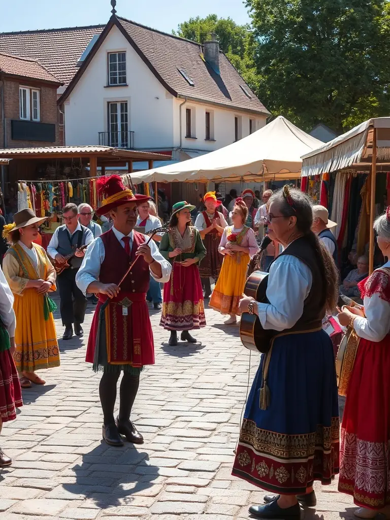 An image showcasing a cultural event at the Château de Balzac, featuring live music, local artisans, and community members enjoying the festivities.