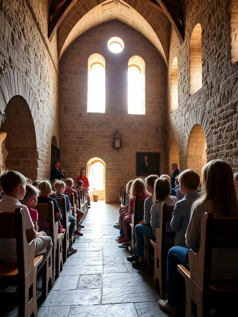 A photo of children participating in an educational program at the Château de Balzac, learning about the history of the castle and engaging in interactive activities.