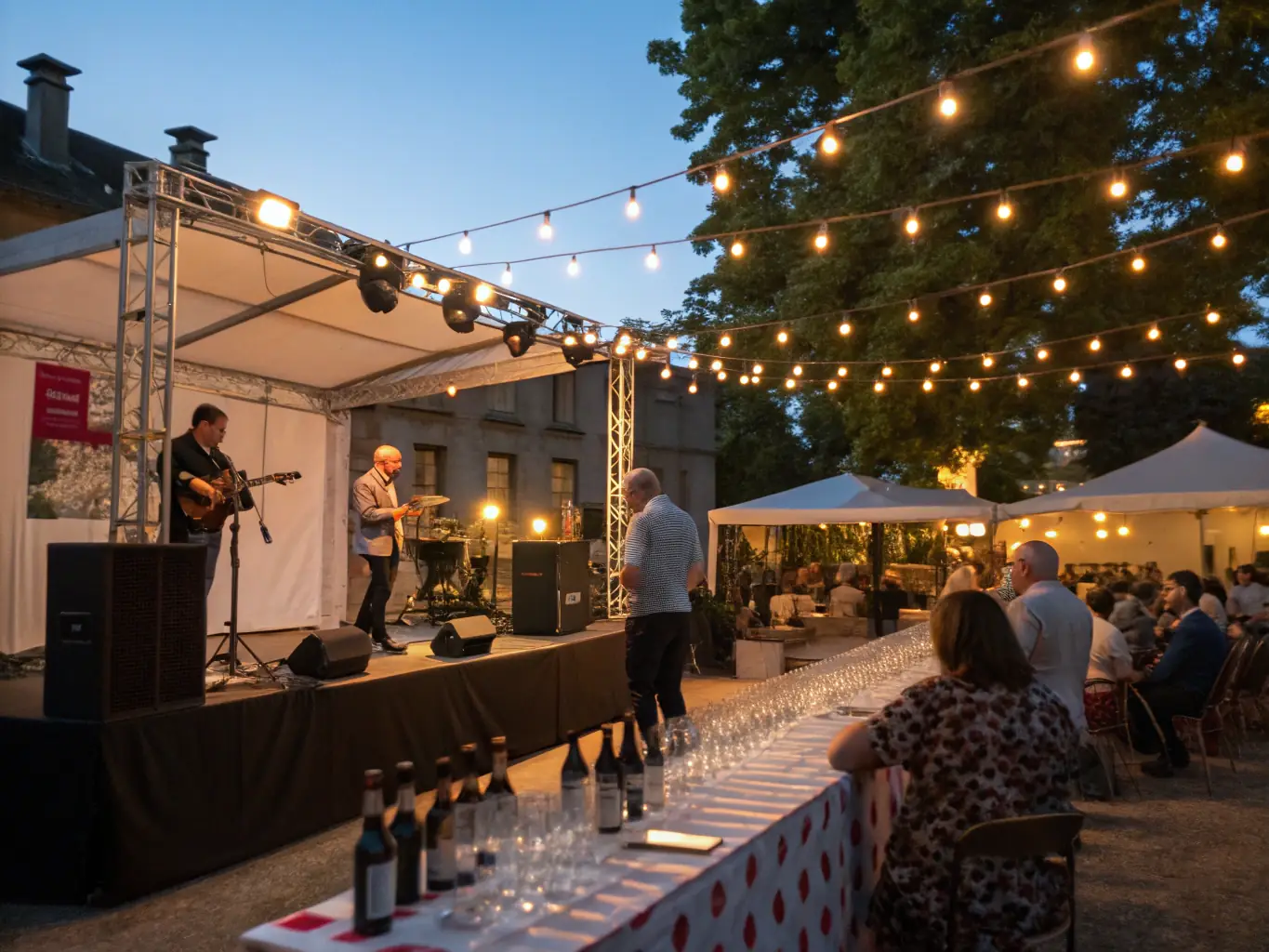 A photograph showcasing a vibrant cultural event taking place on the grounds of the Château de Balzac, with attendees enjoying music, food, and historical reenactments.