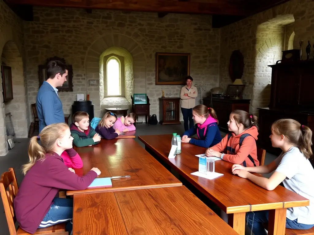 A photograph of children participating in an educational workshop at the Château de Balzac, learning about the history and architecture of the building.