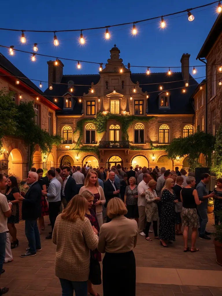 A photograph of a community event taking place on the grounds of the Château de Balzac, with people enjoying music, food, and activities in a festive atmosphere.